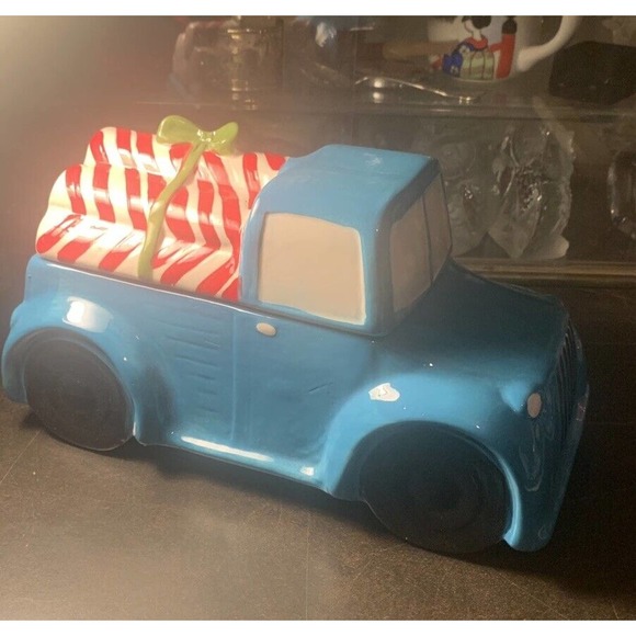 World Market Ceramic Blue Pick-Up Truck Cookie Jar w/Candy Cane Logs - Picture 10 of 10